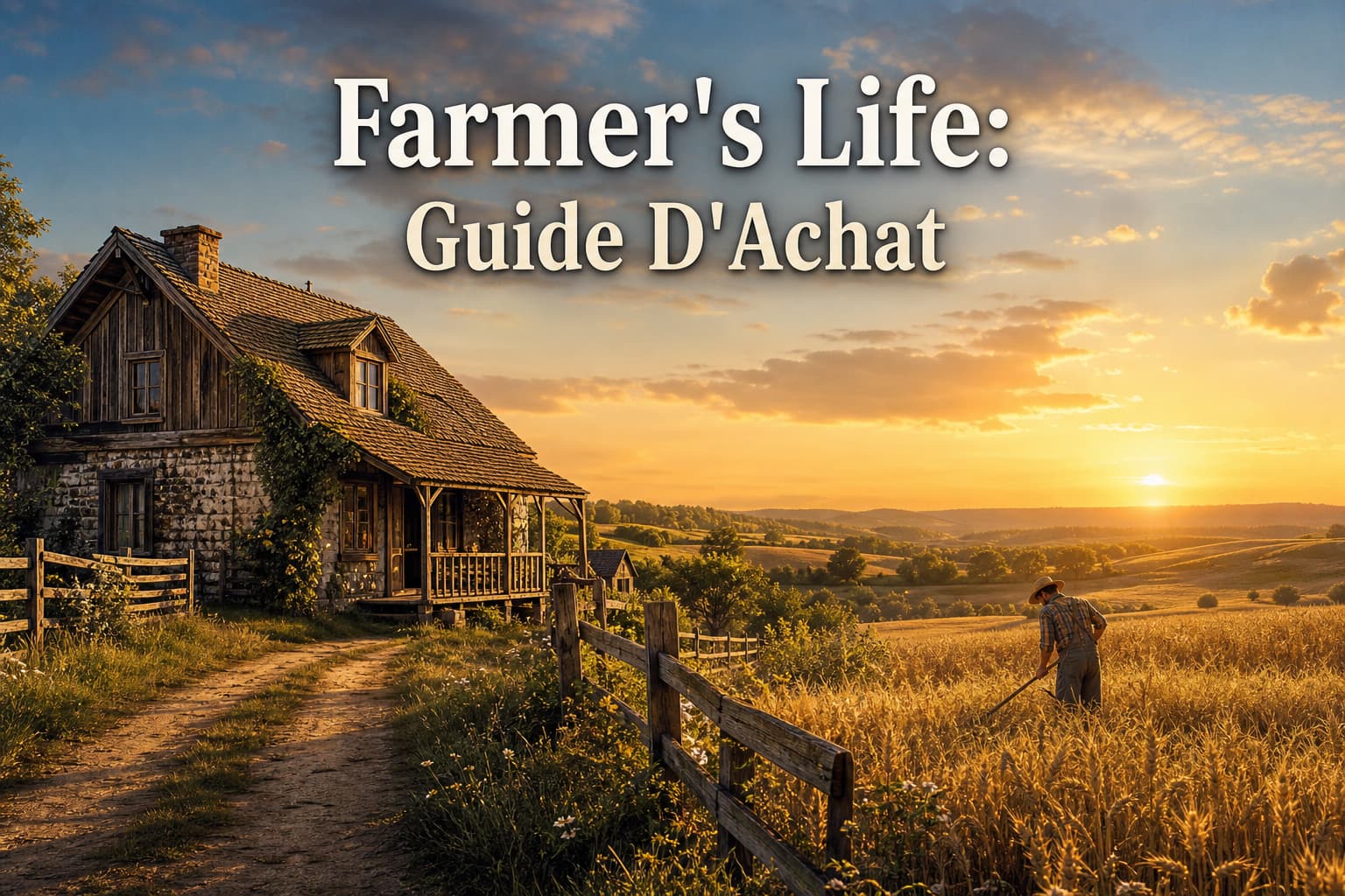 Paysage rural au coucher du soleil avec une ferme, des champs de blé, un agriculteur travaillant, et le texte 