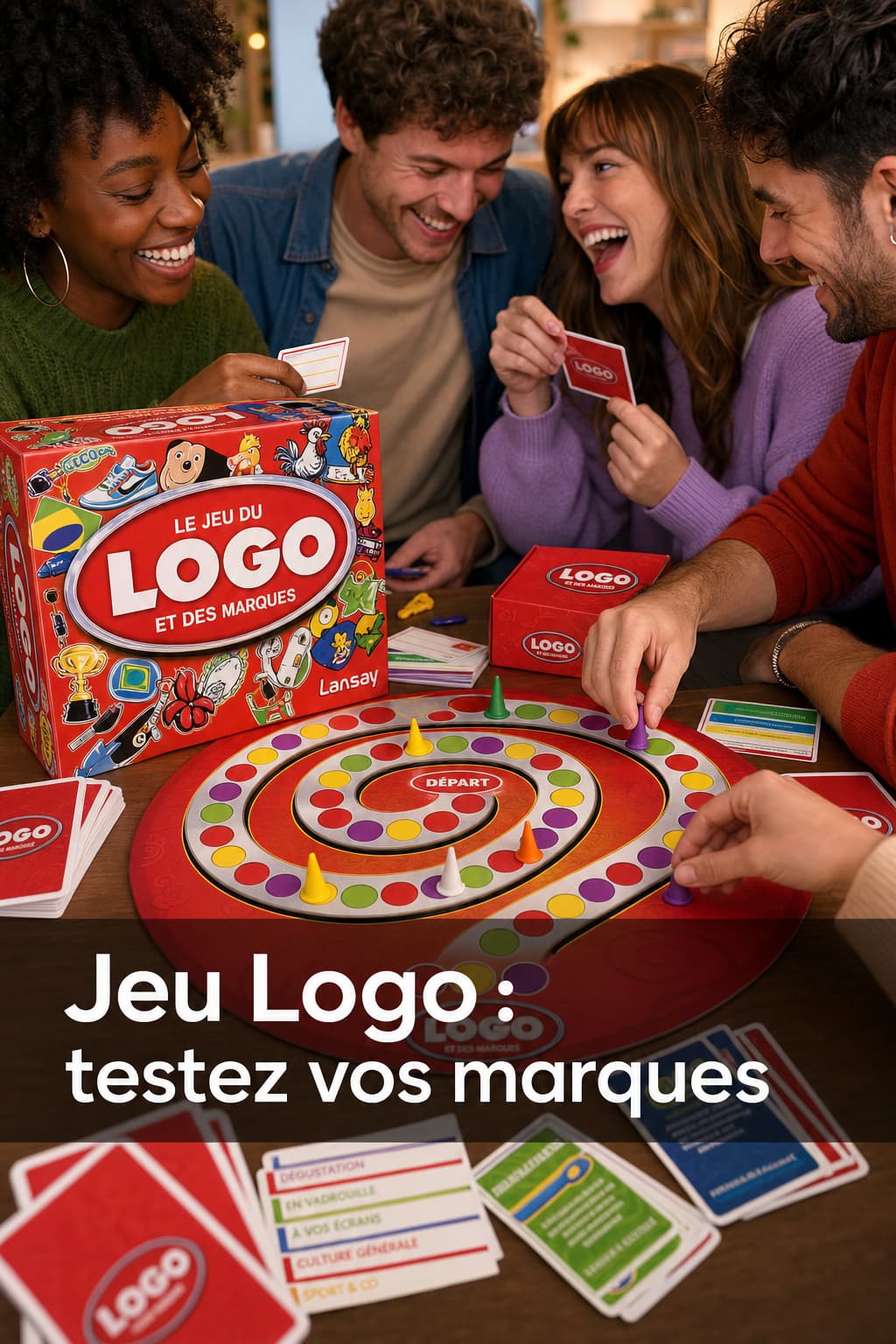 Gros plan sur la boîte colorée du jeu Logo de Lansay ouverte sur une table, avec cartes, plateau et pions, entourée d