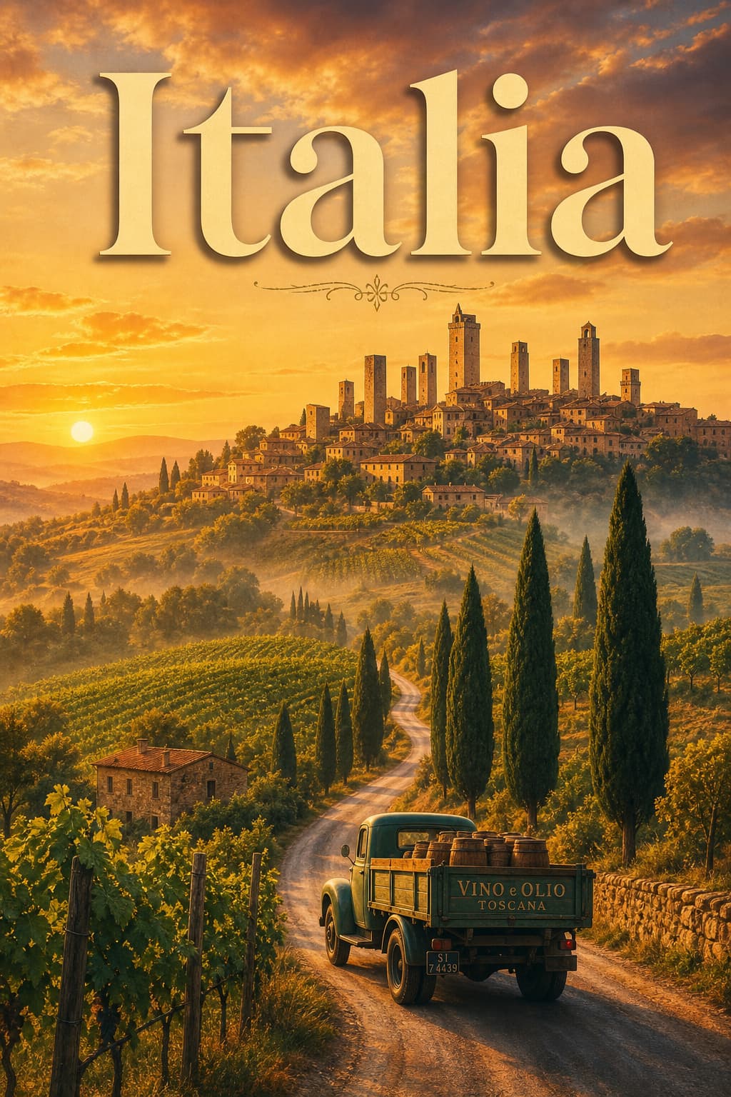 Collines ondulantes de Toscane au lever du soleil, avec un camion sur une route bordée de cyprès et de vignes, un village médiéval perché en arrière-plan, et le texte