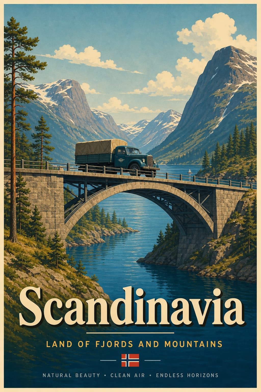 Un camion traverse un pont au-dessus d’un fjord, sous un ciel d’été lumineux ; le mot