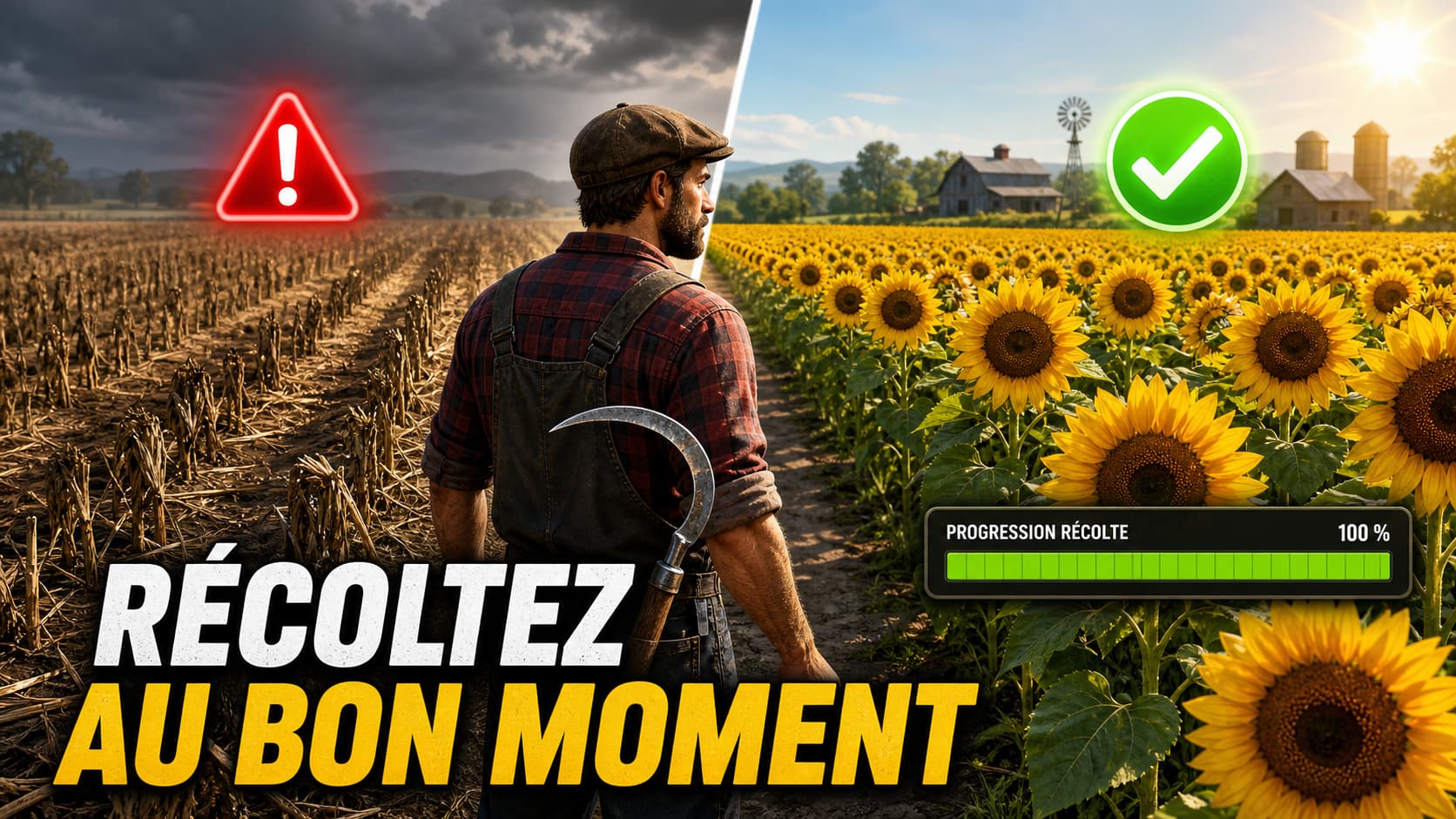 Comparaison entre un champ de blé fané avec icône rouge et un champ de tournesol prospère avec coche verte, un agriculteur avec une faucille et le texte
