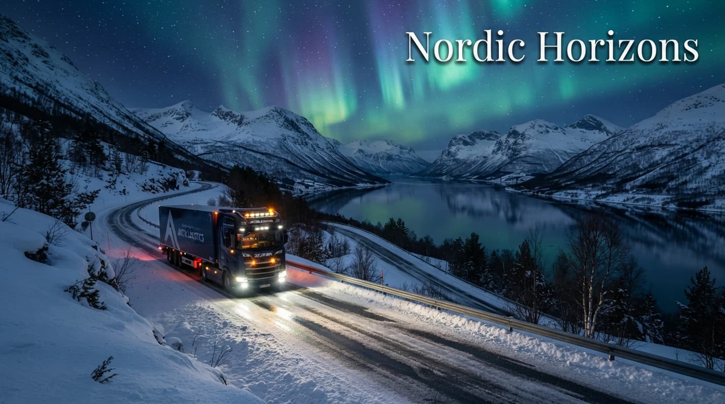 Un camion roule sur une route enneigée dans un paysage nordique avec fjords et aurores boréales, avec le texte