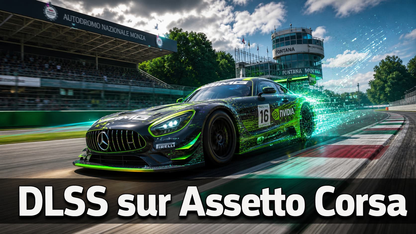 Une voiture de course profilée fonçant sur le circuit de Monza avec un halo numérique futuriste et le texte